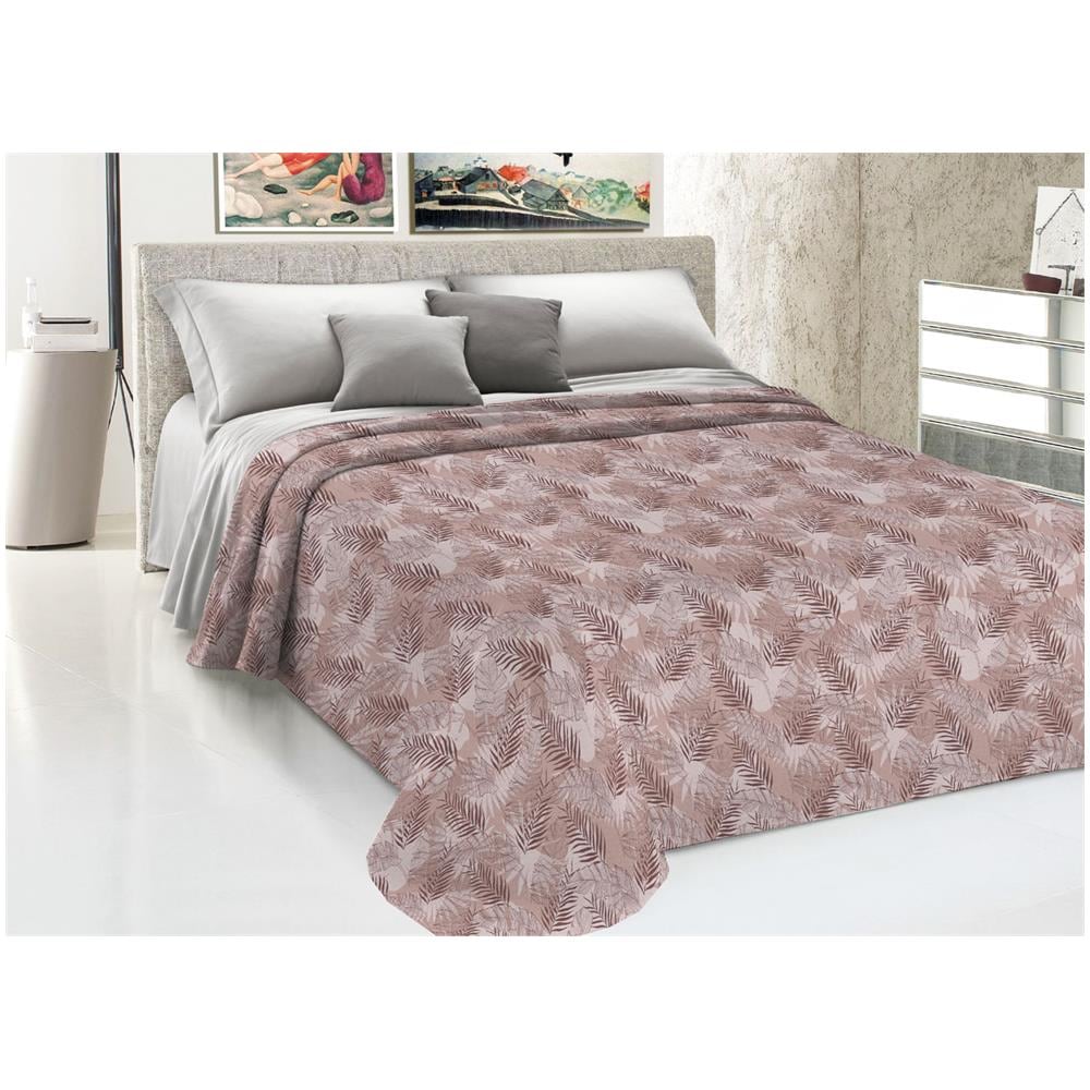 Copriletto Piquet Primavera Estate 100% Cotone Disegno Tropical Felce Matrimoniale Rosa - Foto 1