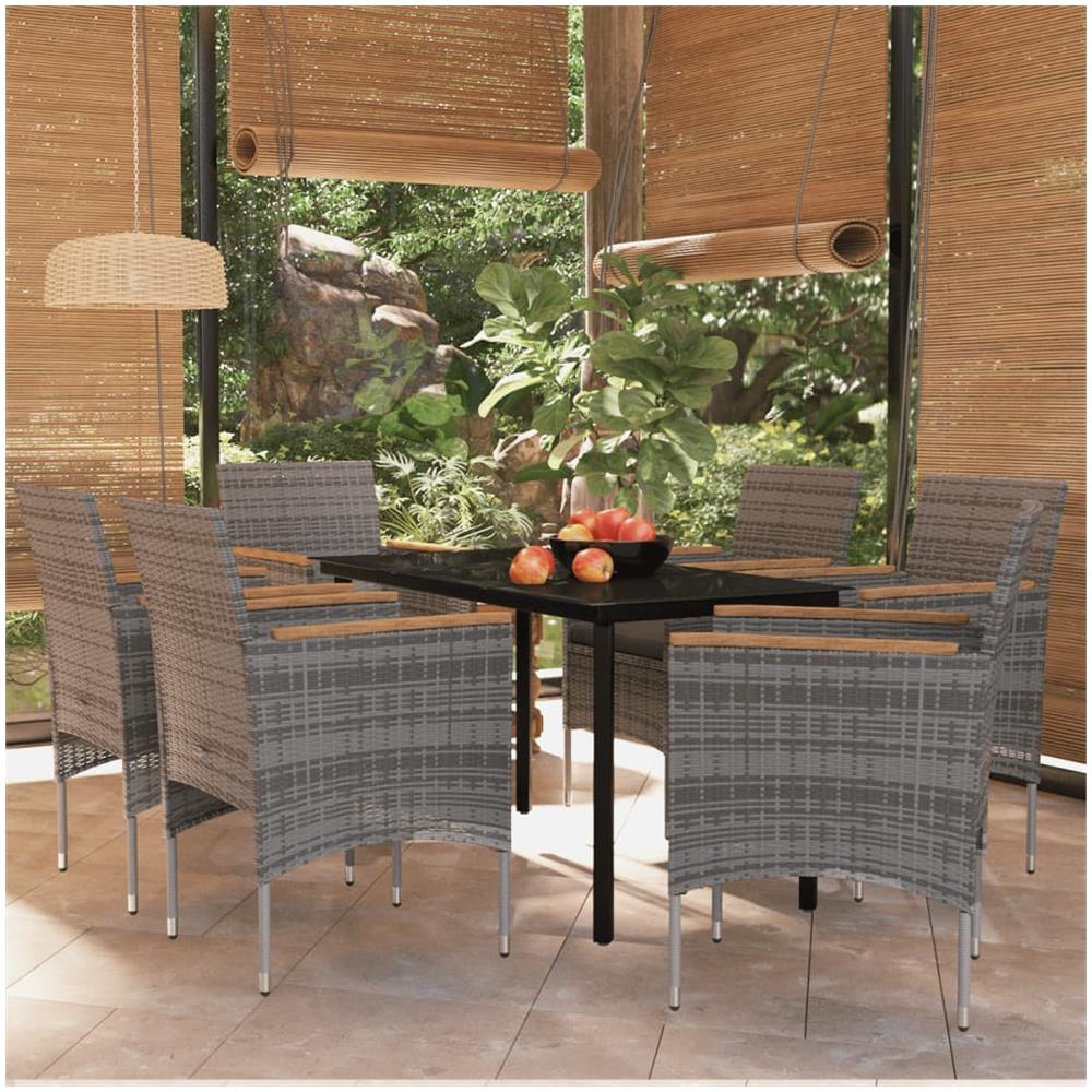 Set Da Pranzo Per Giardino 7 Pz Con Cuscini Grigio E Nero - Foto 1