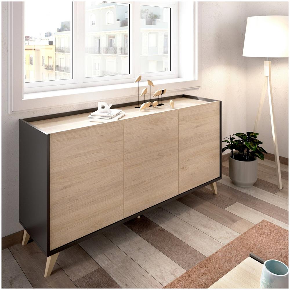 Credenza Avez, Buffet Da Soggiorno, Madia Moderna Da Salotto A 3 Ante, 155x43h75 Cm, Rovere E Antracite - Foto 1