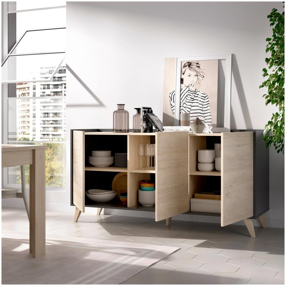 Credenza Avez, Buffet Da Soggiorno, Madia Moderna Da Salotto A 3 Ante, 155x43h75 Cm, Rovere E Antracite - Foto 4