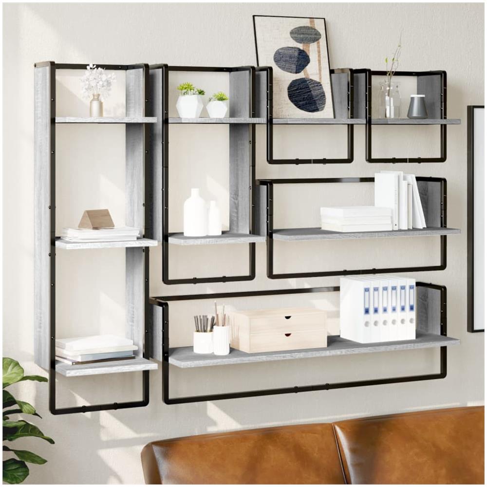 Set Mensole Parete Con Aste 6pz Grigio Sonoma Legno Multistrato - Foto 1