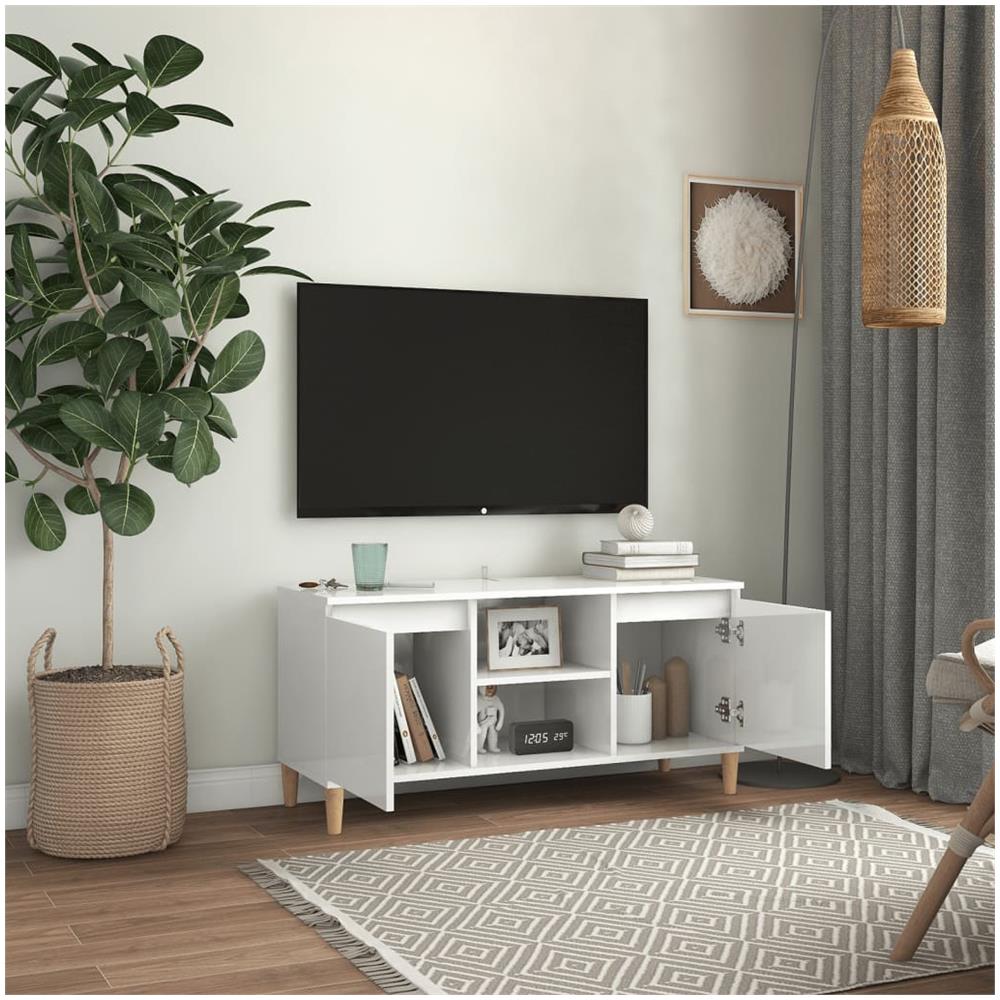 Mobile TV con Gambe Legno Massello Bianco Lucido 103,5x35x50 cm - Foto 2