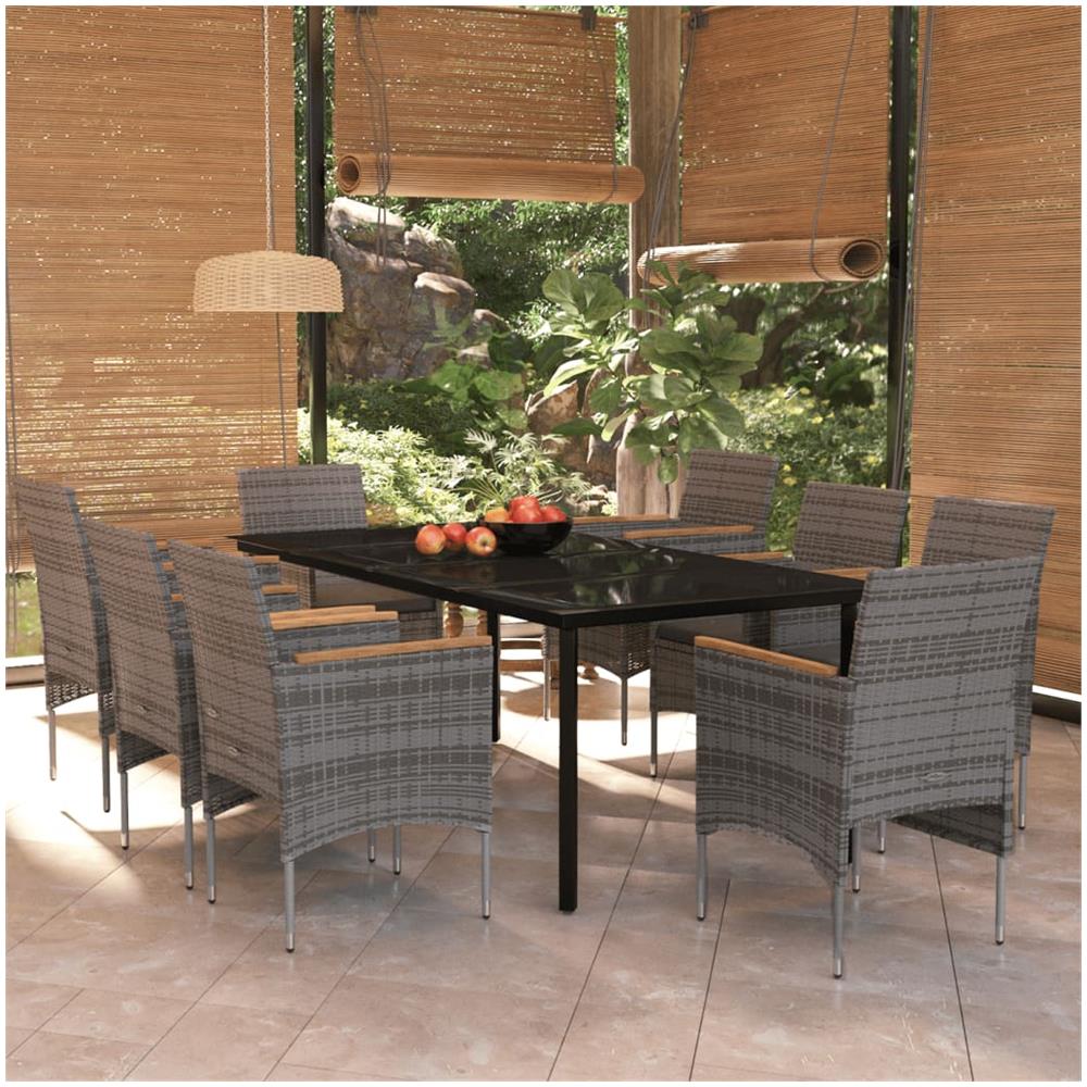 Set Da Pranzo Da Giardino 9 Pz Con Cuscini In Grigio E Nero - Foto 1