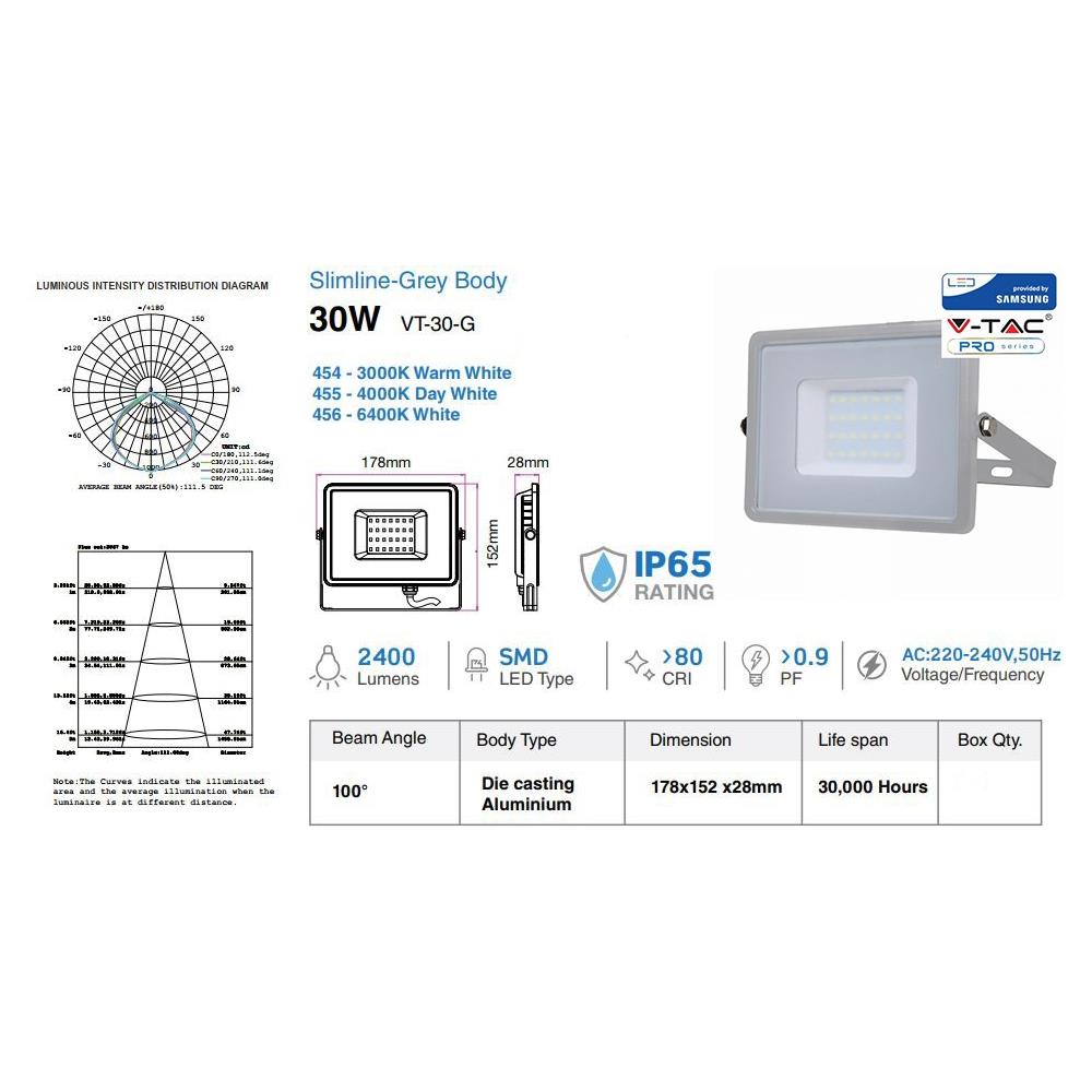 Faretti Led 30w Ip65 Samsung Slimline Grigio Luce Calda 3000k V Tac Vt-30 454 - Foto 2