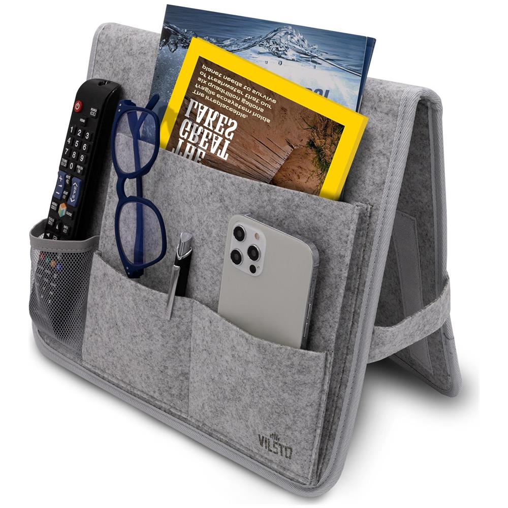 Comodino Da Appendere Al Letto Portaoggetti In Feltro, Organizer Per Casa, Ufficio, Dormitorio, Tasca Portaoggetti Letto, Tasca Telecomandi Da Divano, Organizer Da Bracciolo, Grigio Chiaro - Foto 1