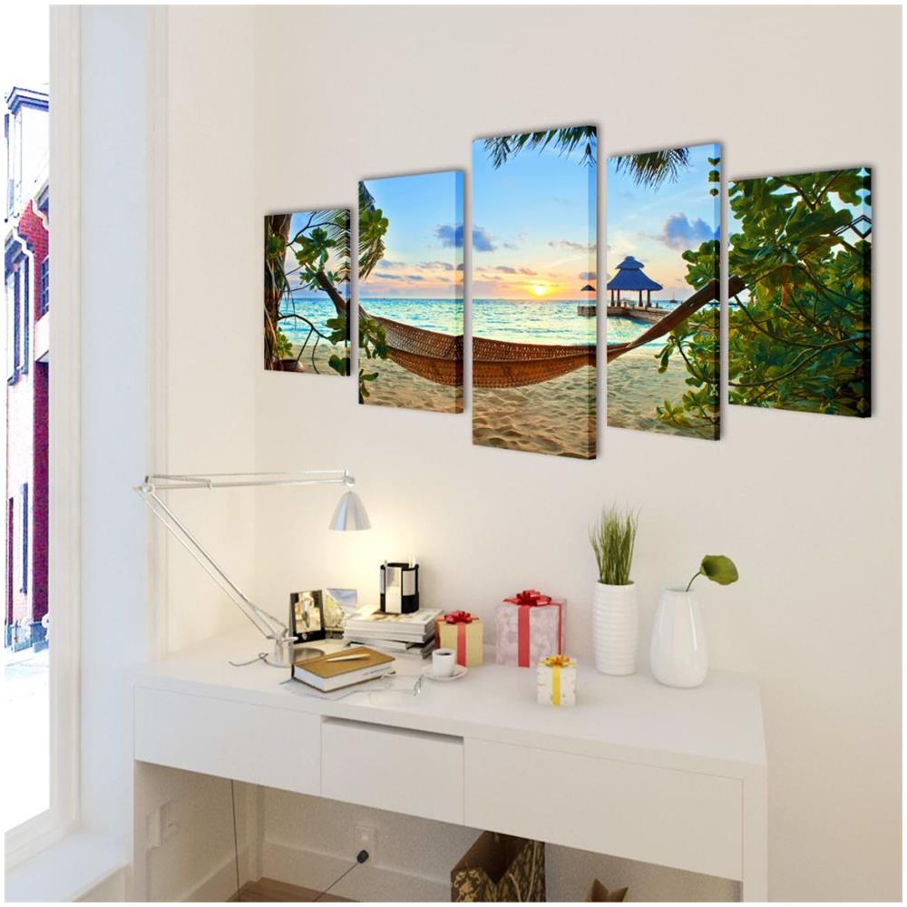 vidaXL 5 pz Set Stampa su Tela da Muro Soggiorno Spiaggia di Sabbia 200 x 100 cm 