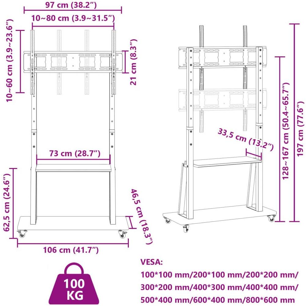 Supporto TV con Ruote Schermo 32""-90"" Max VESA 800x600 mm 100kg - Foto 9