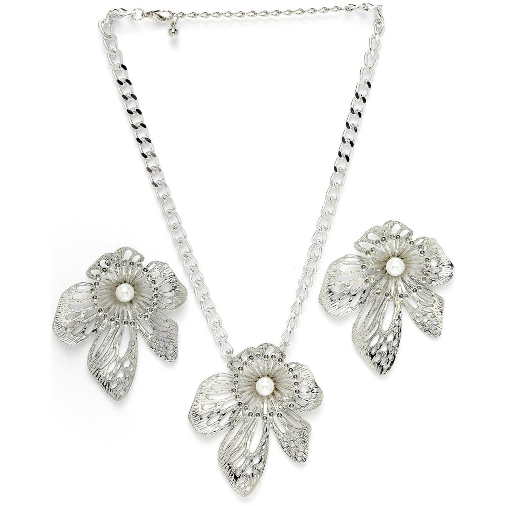 Set di Ciondolo e Orecchini a Fiore Brillanti Color Argento - Foto 1