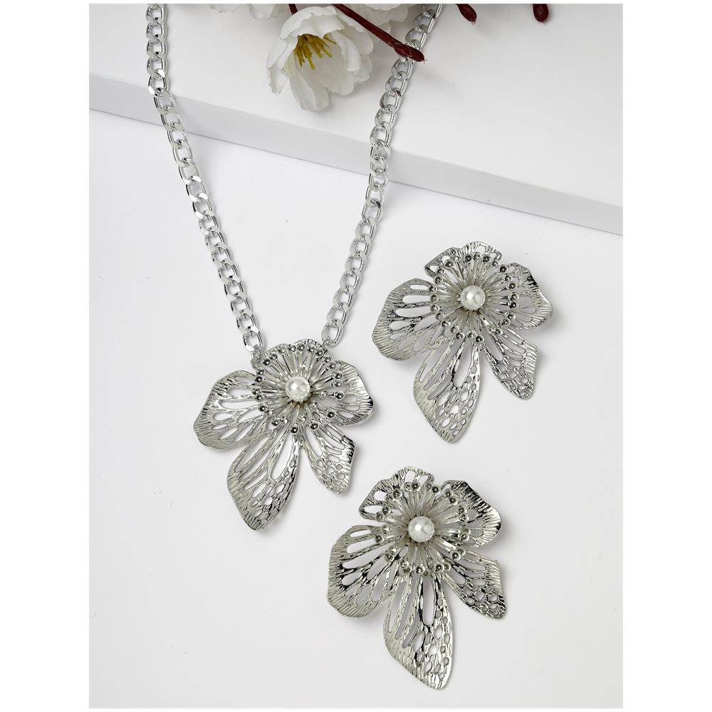 Set di Ciondolo e Orecchini a Fiore Brillanti Color Argento - Foto 2