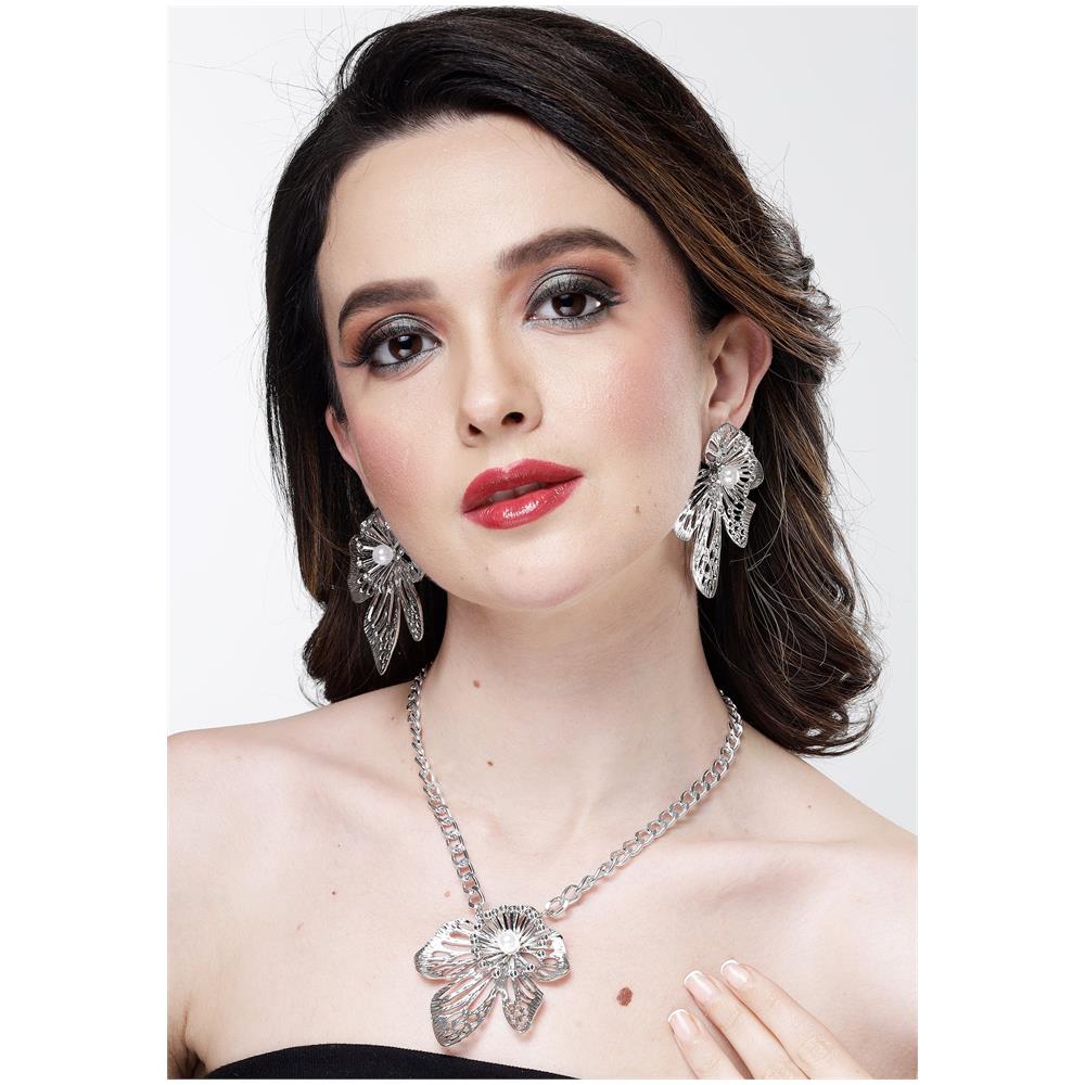 Set di Ciondolo e Orecchini a Fiore Brillanti Color Argento - Foto 6