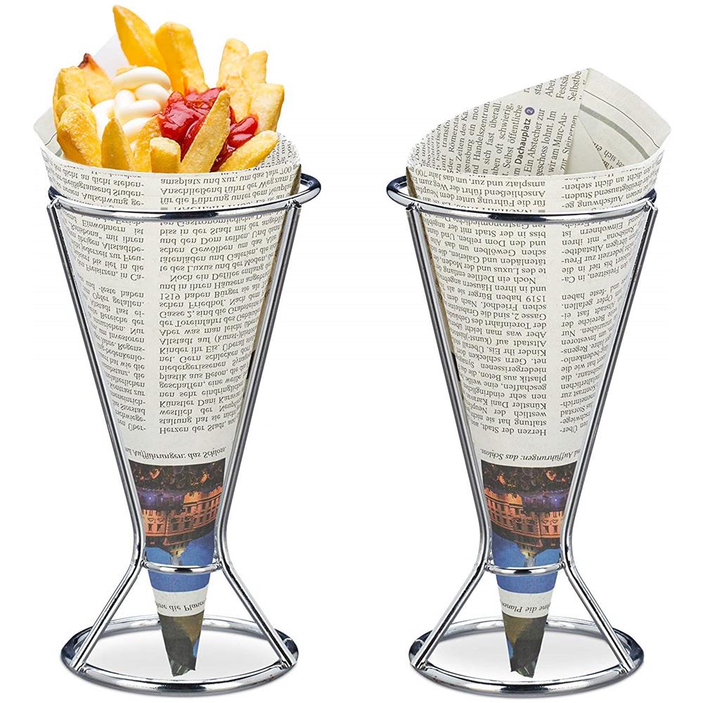 Set Da 2 Porta Patatine, Acciaio Inox, Per Coni Di Carta Con Fritti E Verdure, Hd 16 X 9,5 Cm, Argento - Foto 1