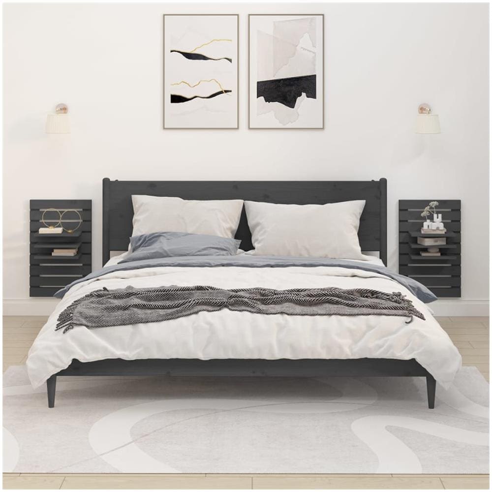 Mensole Da Letto A Parete 2 Pz Grigio Legno Massello Di Pino - Foto 1