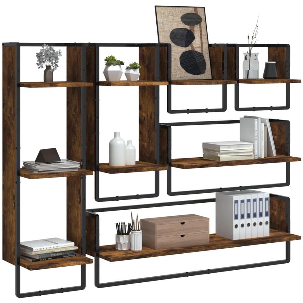Set Mensole Parete Con Aste 6pz Rovere Fumo Legno Multistrato - Foto 3