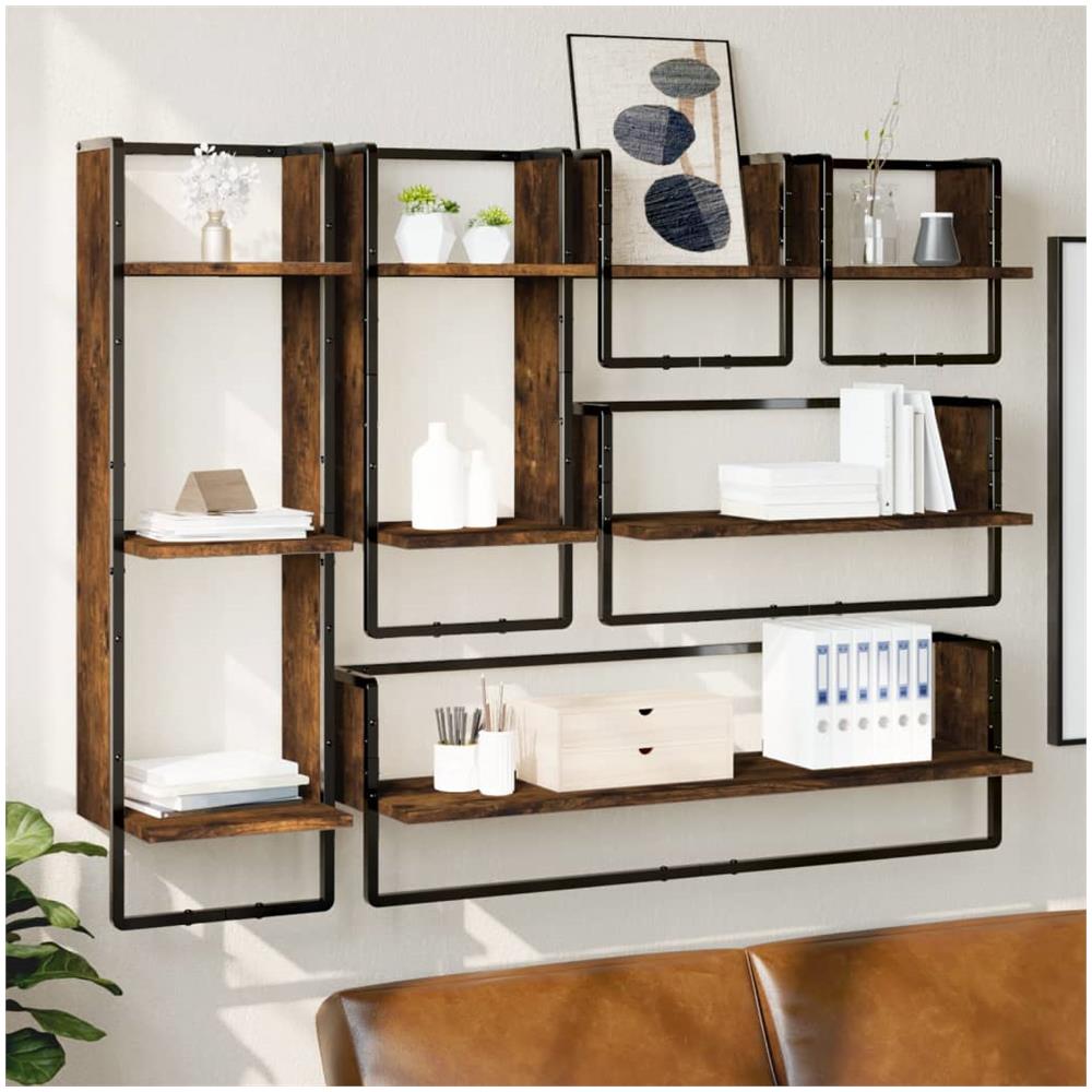 Set Mensole Parete Con Aste 6pz Rovere Fumo Legno Multistrato - Foto 1