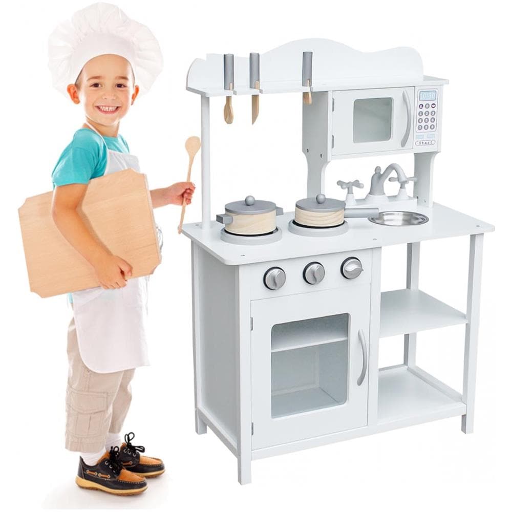 Cucina In Legno Giocattolo Bambini Con Pentole E Accessori Gioco Bianco 60x30x85 - Foto 1