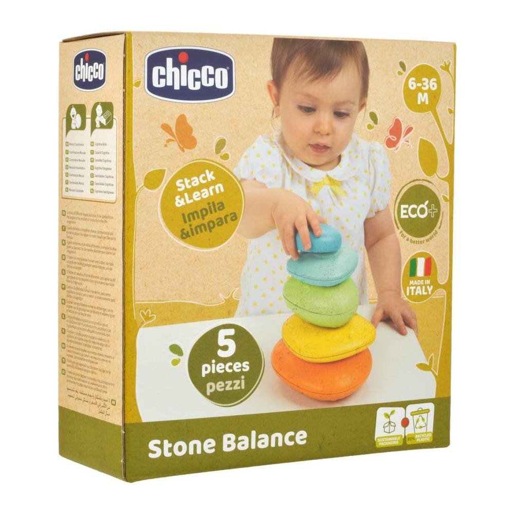 Gioco Stone Balance Eco+, 5 Sassi Colorati Da Impilare Mantenendoli In Equilibrio, Realizzato In Plastica Riciclata, Made In Italy, Età 6-36 Mesi, Bianco - Foto 1