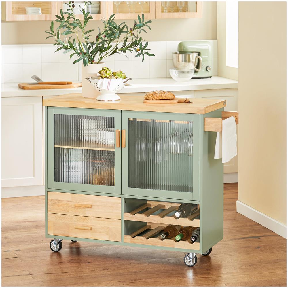 Carrello Cucina Con 2 Ante In Vetro Mobile Cucina Credenza Con Ruote Verde 109x38x92cm Fkw114-gr - Foto 2