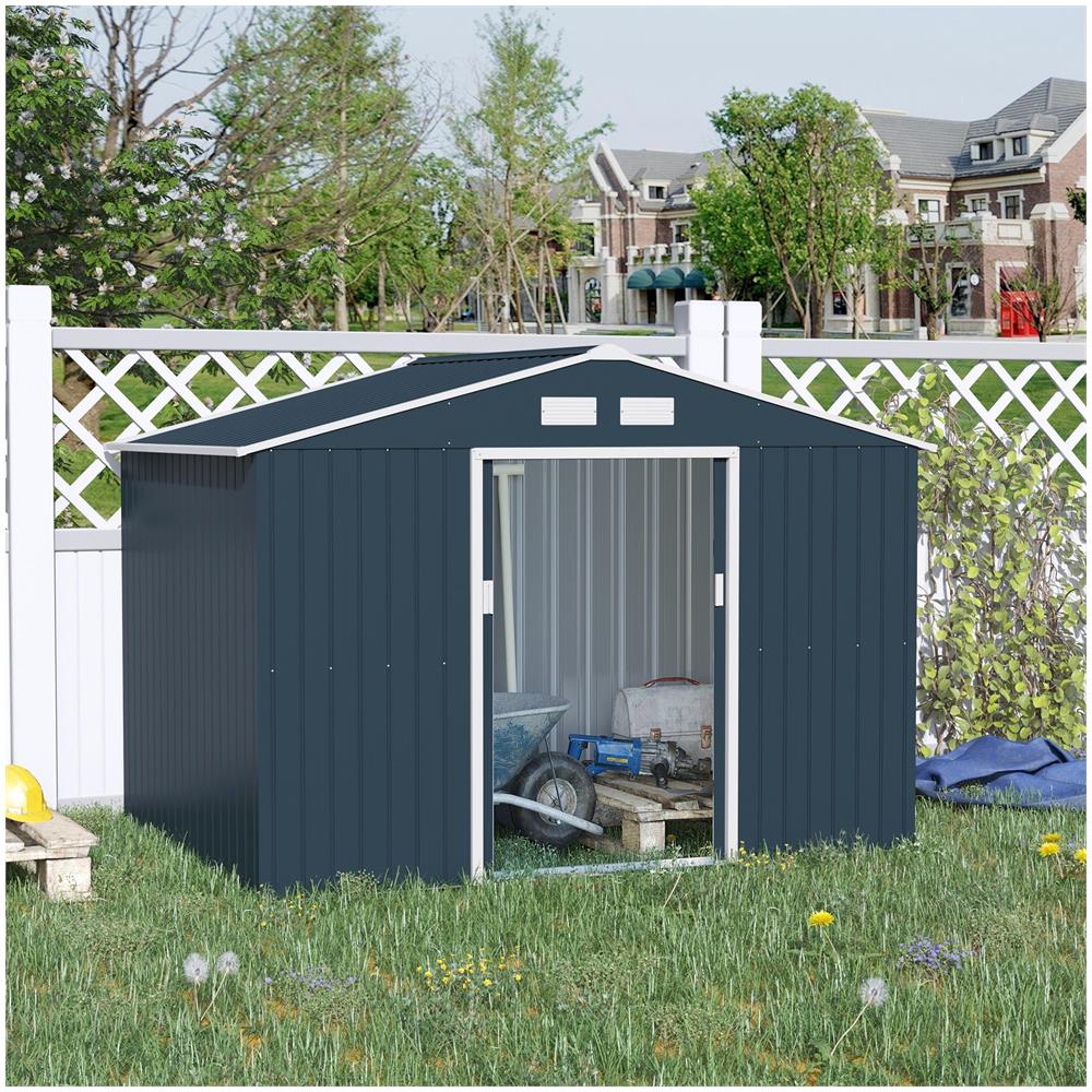 Casetta da Giardino con Base e Doppie Porte Scorrevoli, Capanno da Giardino in Acciaio, 277x195x192 cm, Grigio Scuro - Foto 2