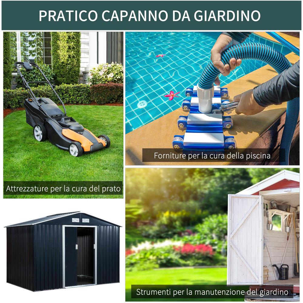 Casetta da Giardino con Base e Doppie Porte Scorrevoli, Capanno da Giardino in Acciaio, 277x195x192 cm, Grigio Scuro - Foto 6