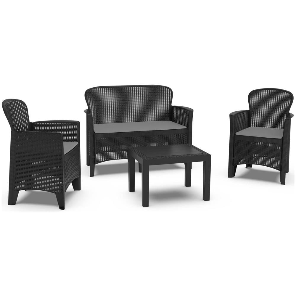 Set Salotto Da Esterno Ostuni, Set Da Giardino Con 2 Poltrone, 1 Divano Ed 1 Tavolino, Salottino Effetto Rattan Con Cuscini, 100% Made In Italy, Antracite - Foto 2