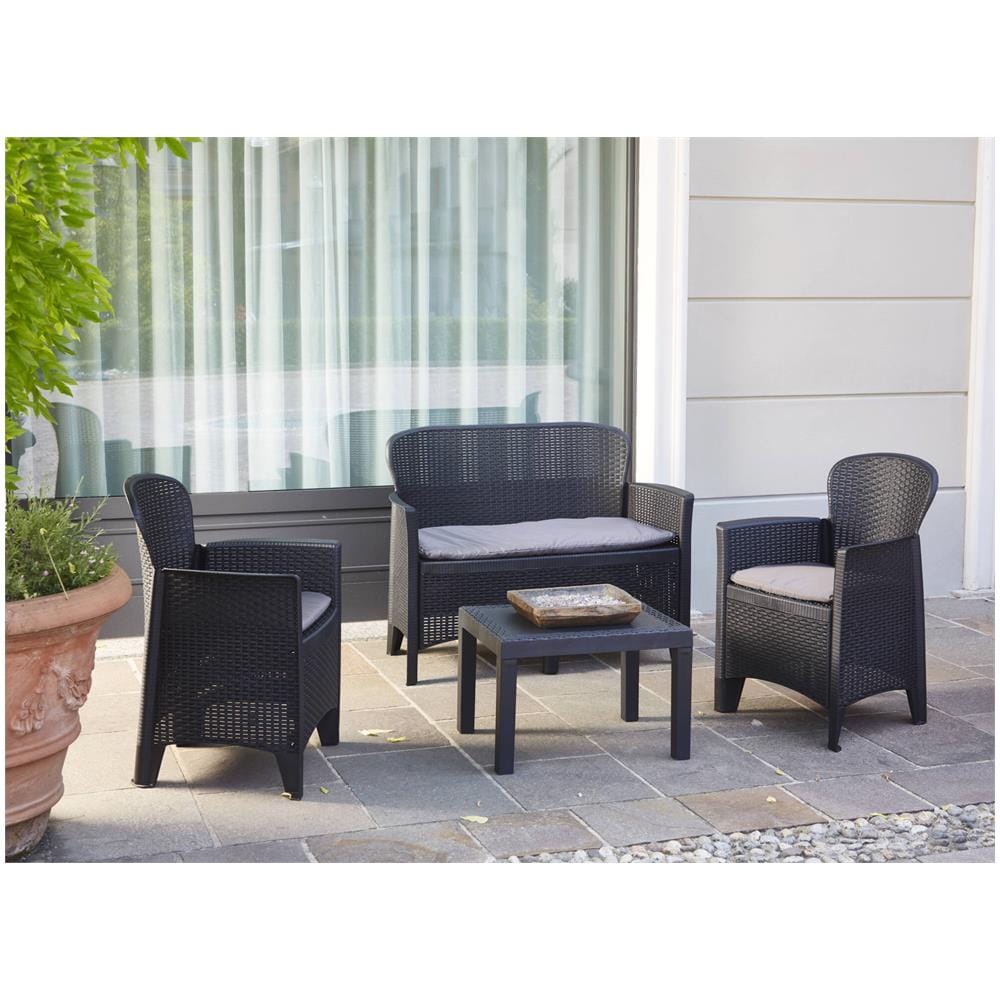 Set Salotto Da Esterno Ostuni, Set Da Giardino Con 2 Poltrone, 1 Divano Ed 1 Tavolino, Salottino Effetto Rattan Con Cuscini, 100% Made In Italy, Antracite - Foto 4