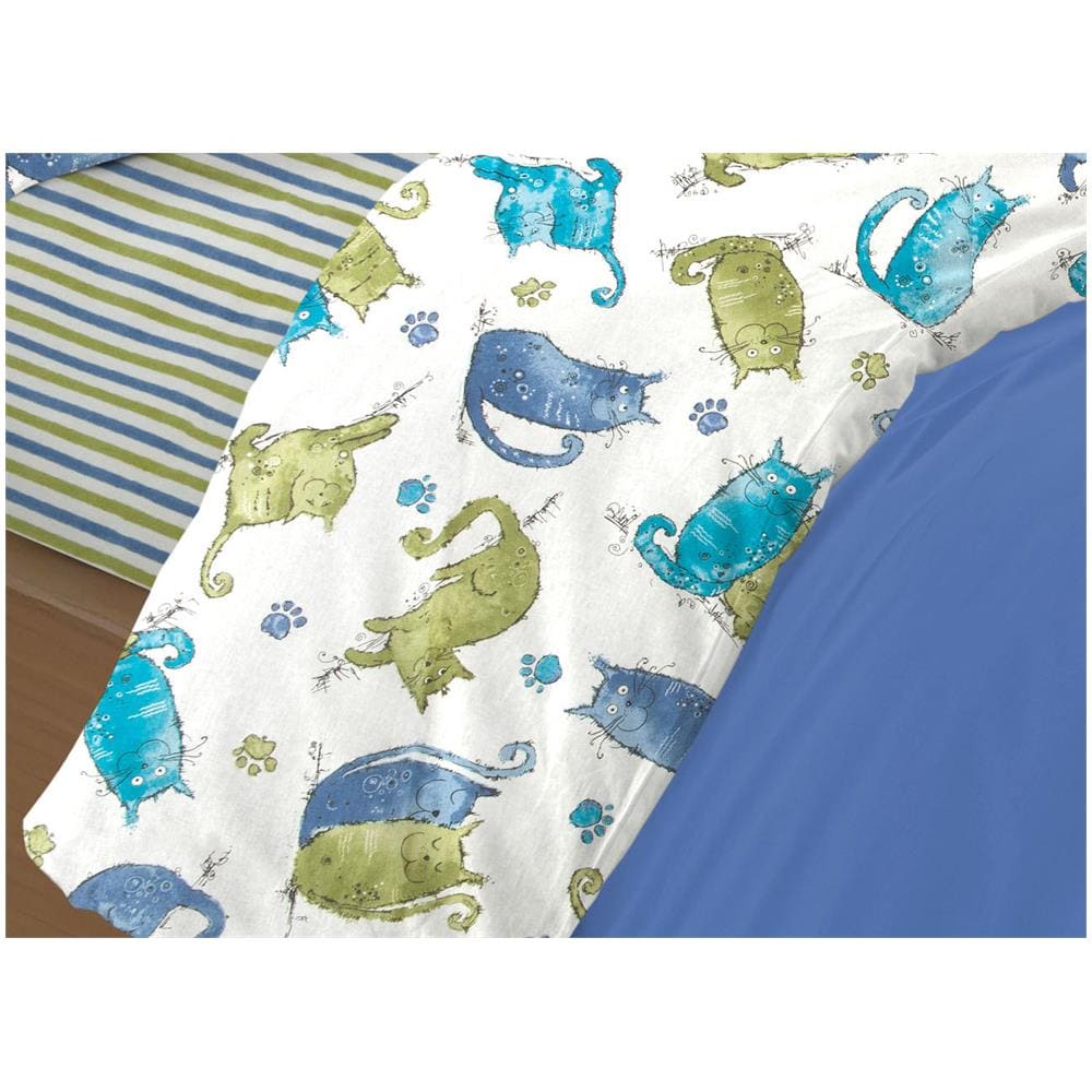 Completo Lenzuola Letto 100% Cotone Disegno Gatti Animali Micio Colorato Mod Rp Made In Italy 2 Piazze Blu - Foto 2