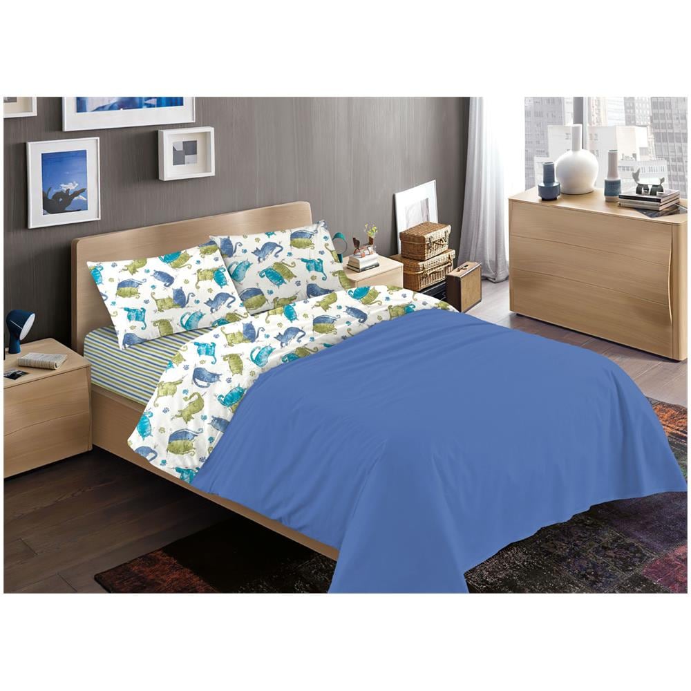 Completo Lenzuola Letto 100% Cotone Disegno Gatti Animali Micio Colorato Mod Rp Made In Italy 2 Piazze Blu - Foto 1