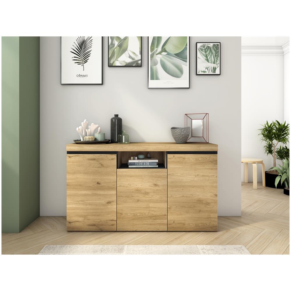 Credenza Soggiorno Sala Da Pranzo Ufficio Colore ''rovere / nero'' 3 Ante 1 Vuoto 81x140x40 Cm, Nordico - Foto 2