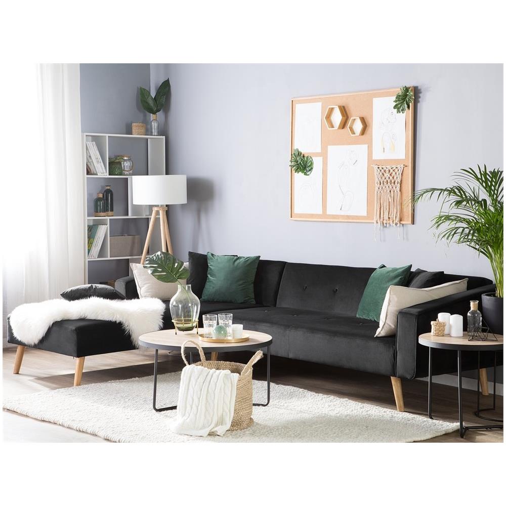 Divano Angolare Lato Destro Tessuto Velluto Nero Funzione Sonno Vadso - Foto 2