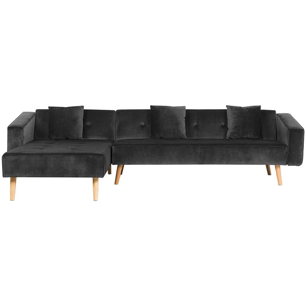 Divano Angolare Lato Destro Tessuto Velluto Nero Funzione Sonno Vadso - Foto 1