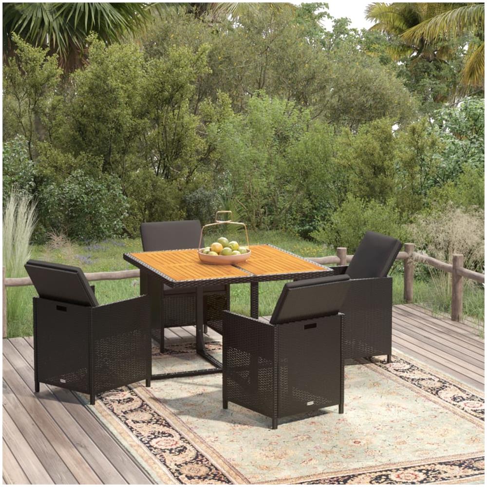 Set Da Pranzo Per Giardino 5pz Con Cuscini In Polyrattan Nero - Foto 1