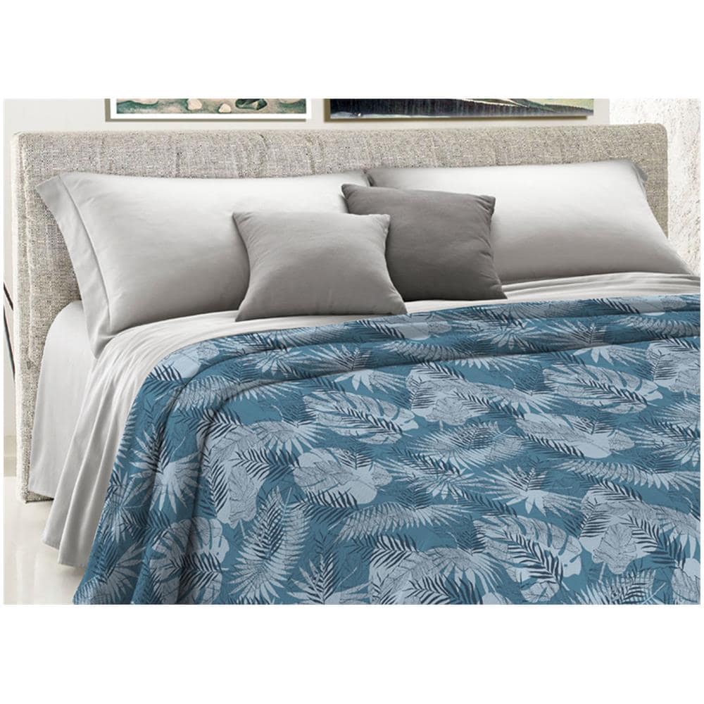 Copriletto Piquet Primavera Estate 100% Cotone Disegno Tropical Felce Matrimoniale Ottanio - Foto 5