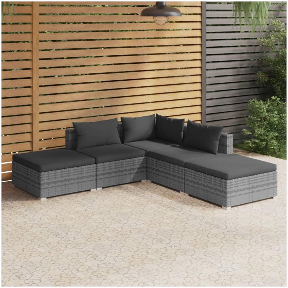 Set Divani da Giardino 5 pz con Cuscini in Polyrattan Grigio - Foto 1