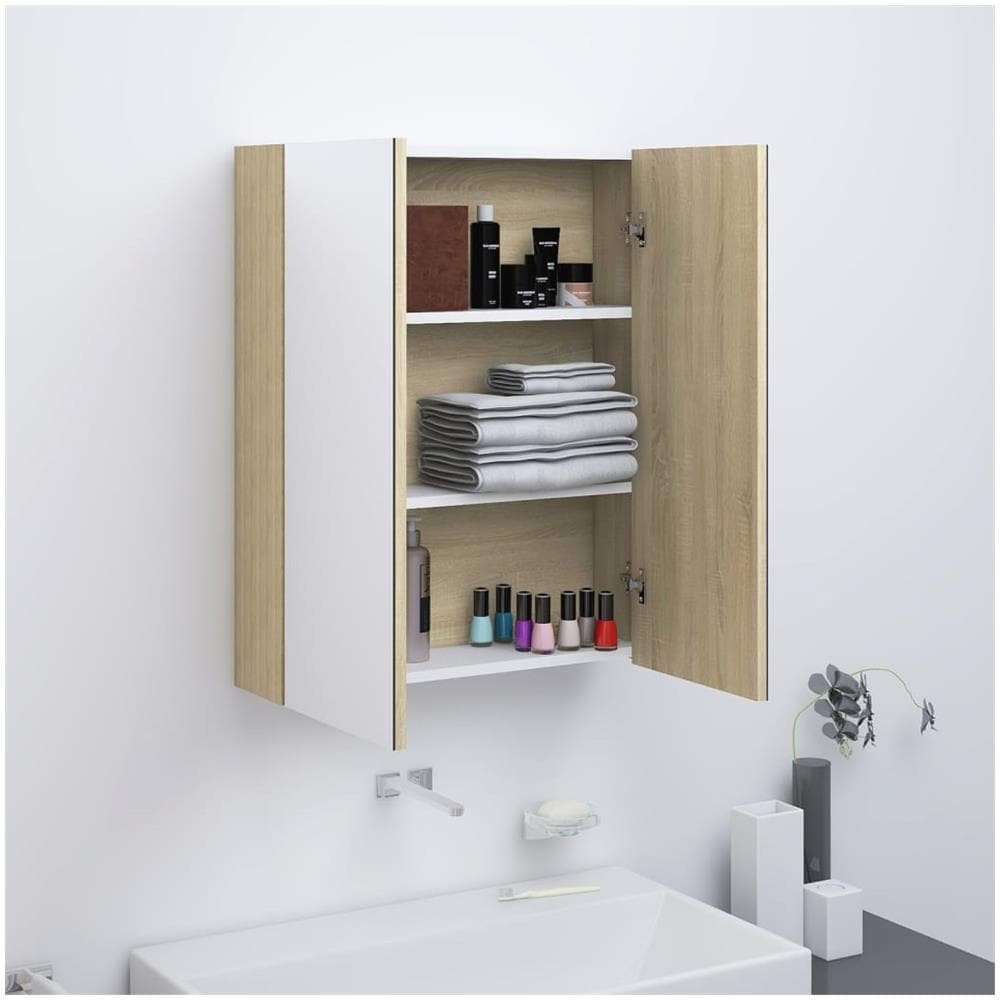 Armadietto A Specchio Per Bagno 60x15x75 Cm Mdf Bianco E Rovere - Foto 1