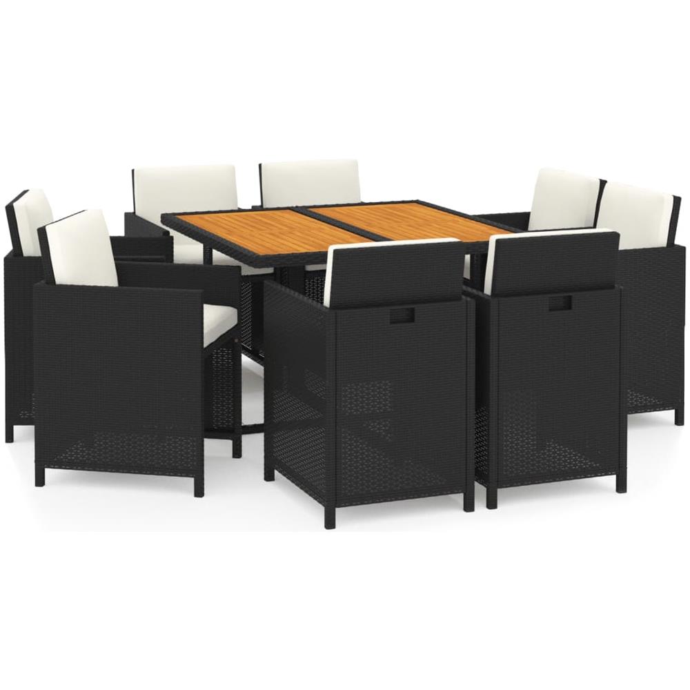 Set Da Pranzo Per Giardino 9pz Con Cuscini In Polyrattan Nero - Foto 1