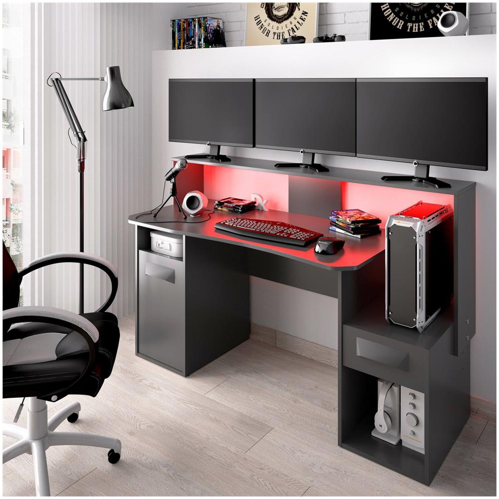 Scrivania Albertino, Scrittoio Multifunzione Moderno Da Gaming, Tavolo Da Studio Porta Pc E Porta Cd, 154x69h98 Cm, Antracite, Con Luci Led - Foto 1