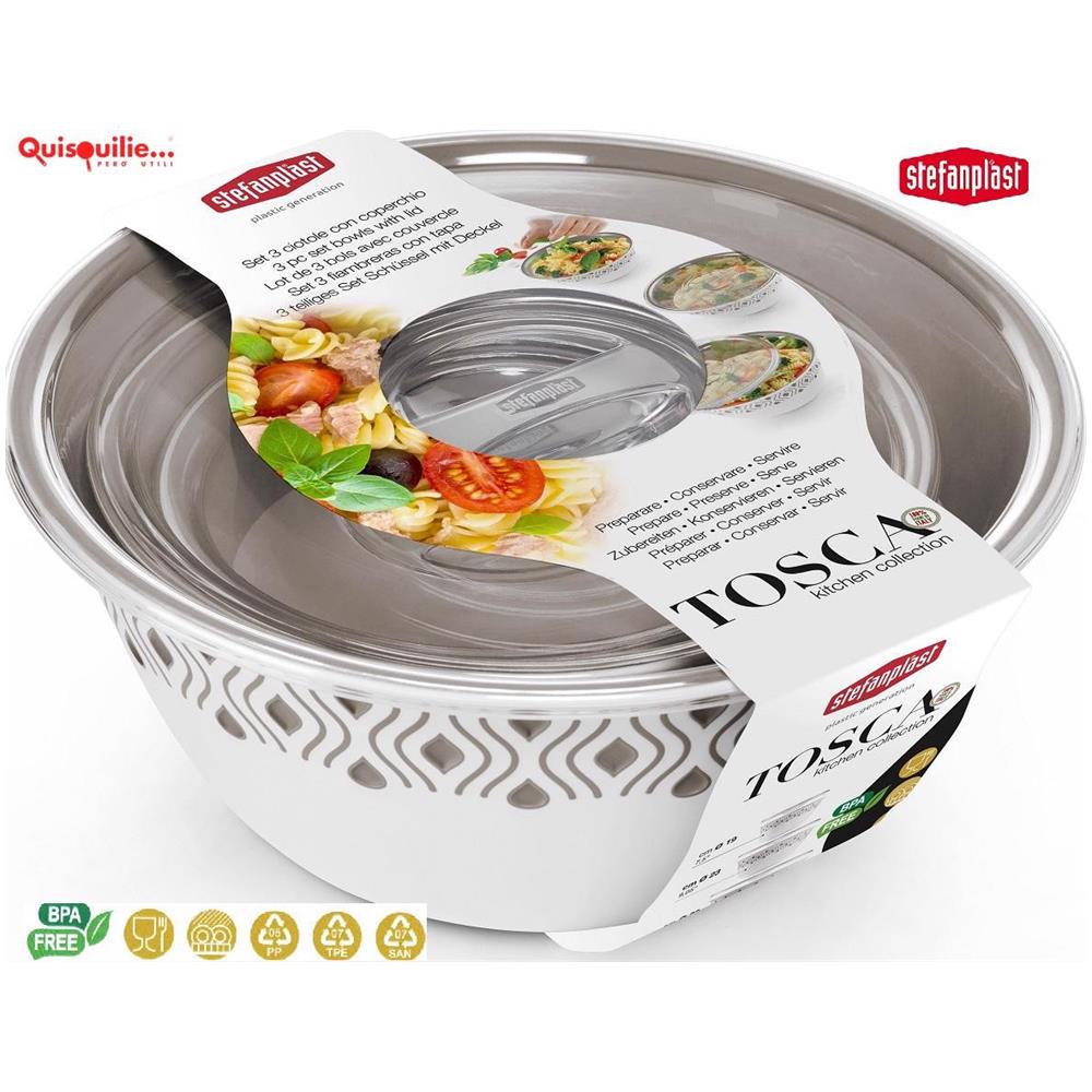 Tosca Tris Ciotole Insalatiere Complete Di Coperchio Per Alimenti Qualità Extra 100 % Made In Italy - Tortora - Foto 1