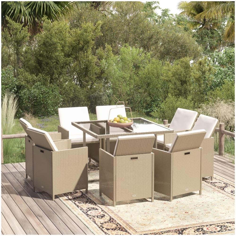 Set Da Pranzo Per Giardino 9 Pz Con Cuscini In Polyrattan Beige - Foto 1