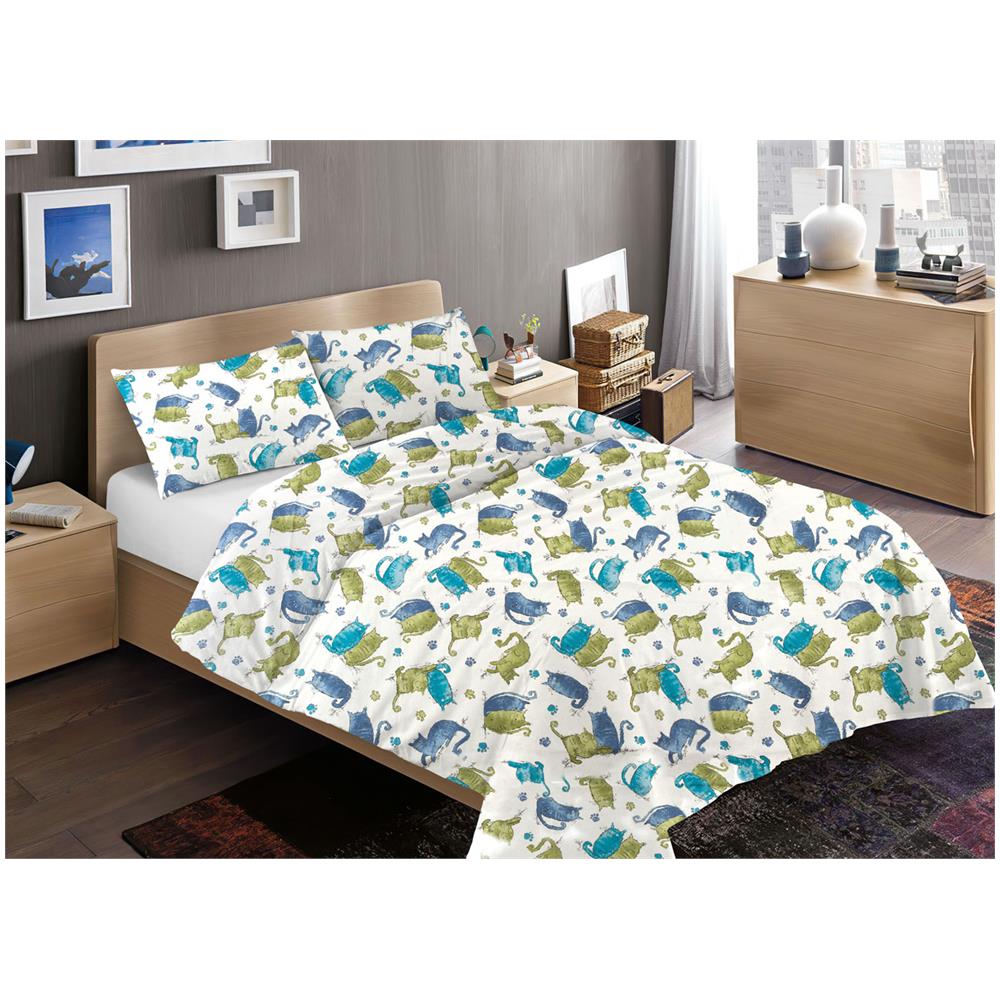 Sacco Copripiumino Piumone Letto In 100% Cotone Disegno Gatti Mod Rp Micio Colorato Animali Made Italy 1 Piazza Blu - Foto 1