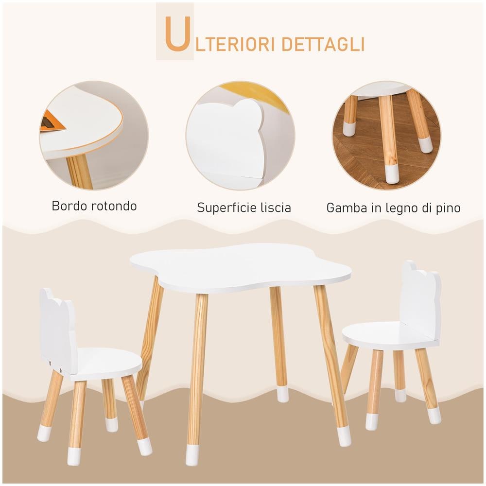 Set Tavolino con 2 Sedie per Bambini a Forma di Orsetto in Legno, Bianco - Foto 6