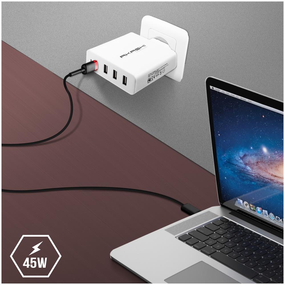 Caricatore Da Parete 45w 3 Porte Usb 1x Porta Usb-c Carica Sicura Akashi Bianco - Foto 2