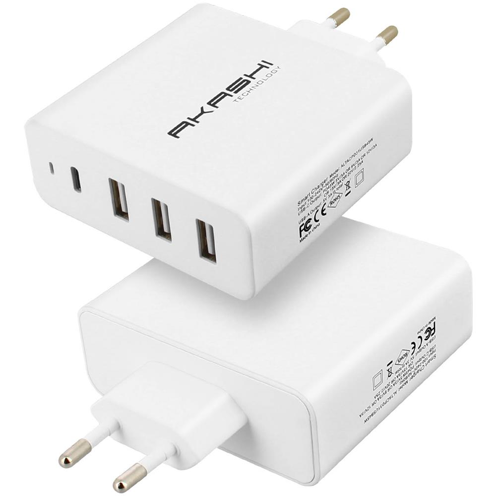 Caricatore Da Parete 45w 3 Porte Usb 1x Porta Usb-c Carica Sicura Akashi Bianco - Foto 1