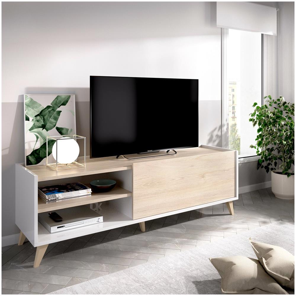 Mobile Porta Tv Asinara, Credenza Bassa Da Soggiorno, Madia Da Salotto Per Televisione, 155x43h47 Cm, Rovere E Bianco - Foto 1