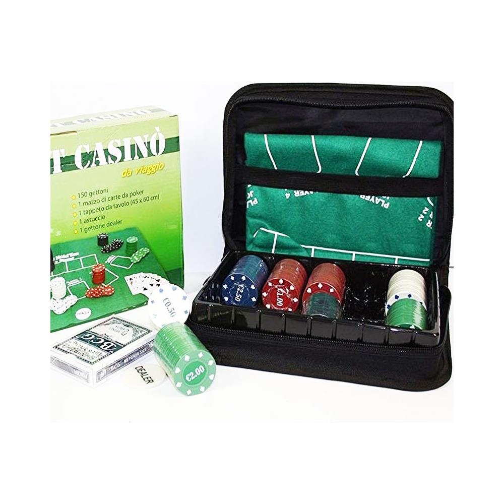 Borsetta Da Viaggio Poker 150 Fiches Mazzo Di 52 Carte E Panno Verde 19x28x6cm - Foto 1