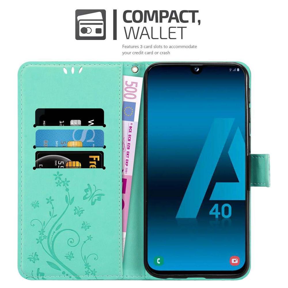 Custodia Compatibile Con Samsung Galaxy A40 / A40s In Turchese Fiore - Coperchio Protettivo In Design Floreale Con Chiusura Magnetica, Funzione Stand E Slot Per Carte - Foto 2