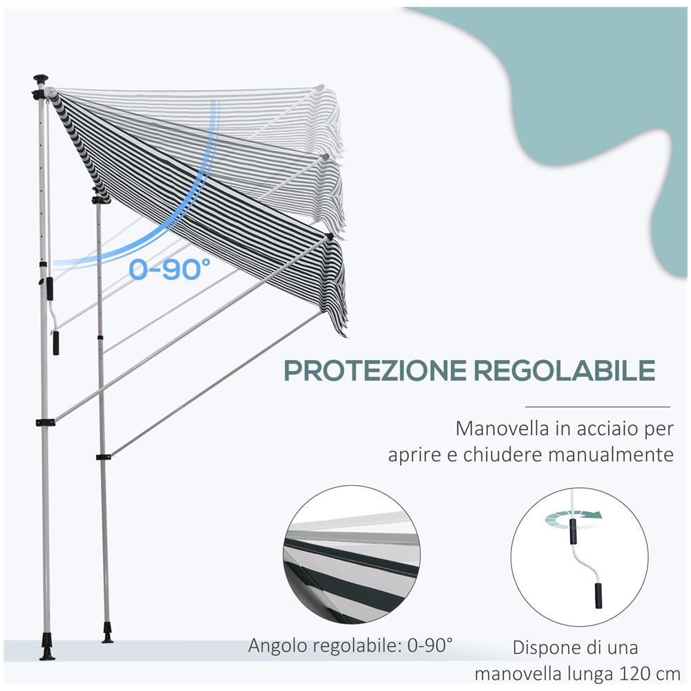 Tenda da Sole da Esterno 2x1.5m a Rullo con Manovella, Altezza e Angolazione Regolabile, Bianco e Verde - Foto 6