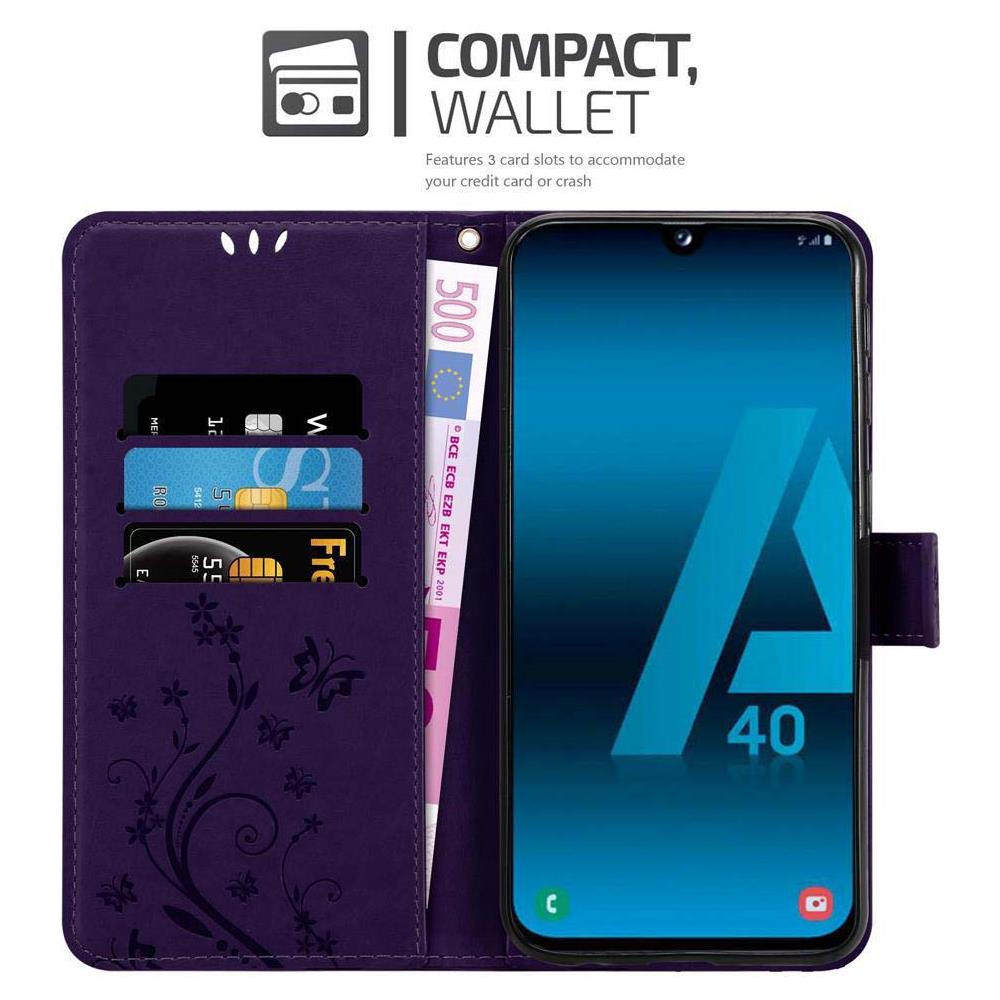 Custodia Compatibile Con Samsung Galaxy A40 / A40s In Lilla Scuro Fiore - Coperchio Protettivo In Design Floreale Con Chiusura Magnetica, Funzione Stand E Slot Per Carte - Foto 2