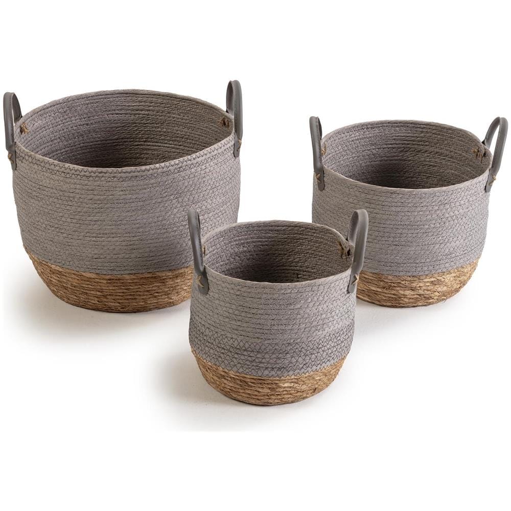 Set Di 3 Cestini Neves In Fibra Naturale E Carta, Grigio /naturale - Foto 1