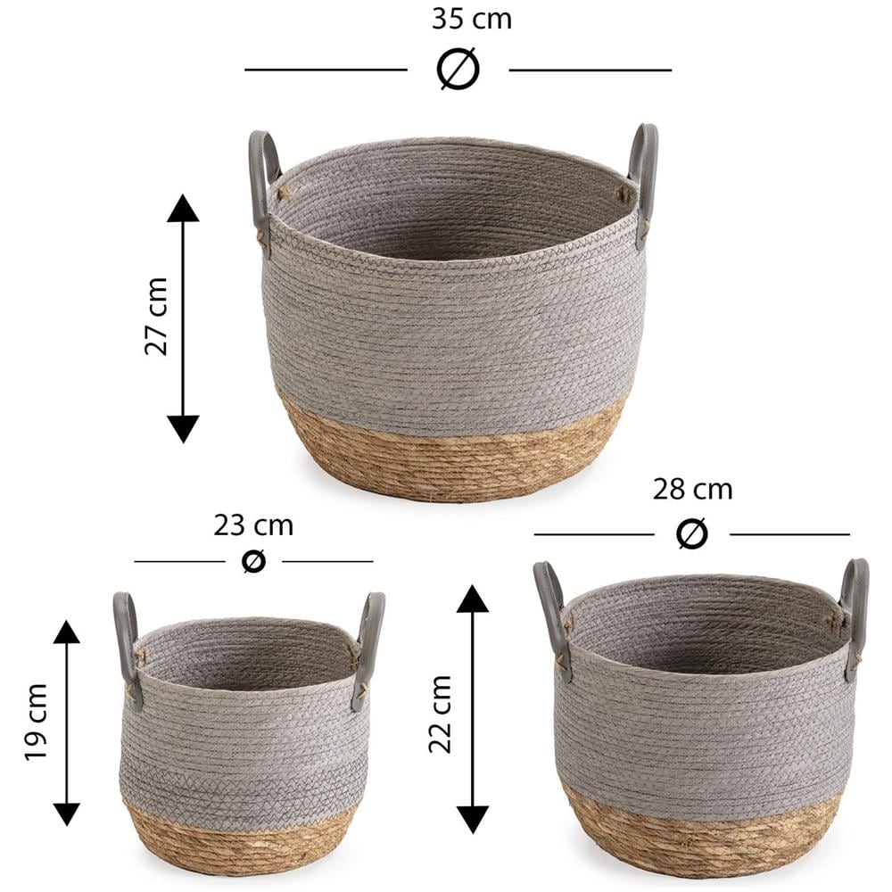 Set Di 3 Cestini Neves In Fibra Naturale E Carta, Grigio /naturale - Foto 5