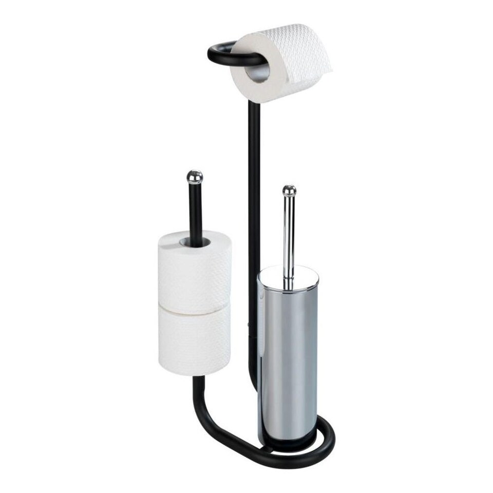 Set WC ONA Autoportante – Porta Rotolo E Scopino In Metallo Nero, Base In Vetro, 70 Cm